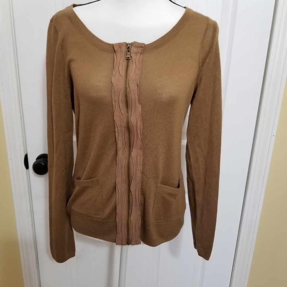 Tahari Zip Ruffled Front Cardigan.